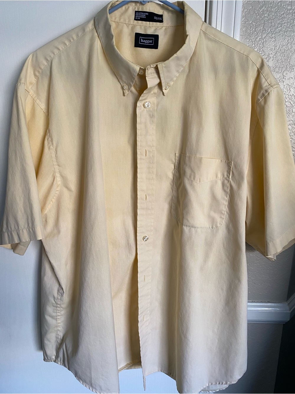 Haggar Pastel Yellow 100% Cotton Short Sleeve Button Down Shirt Men’s XXL Pocket